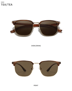 Front and top view of polarized sunglasses with tea lenses and gold metal bridge