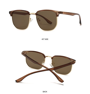 Dual view of retro browline sunglasses with brown resin frames and gold metal accents