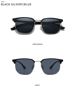 Front and top view of square polarized sunglasses with black frames and blue lenses