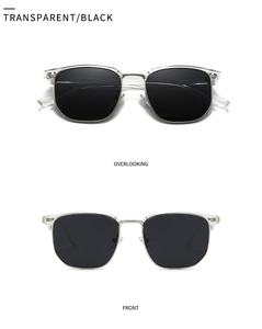 Close-up of polarized sunglasses featuring transparent black frames and silver metal bridges