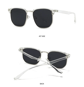 Detail view of transparent sunglasses with adjustable metal nose pads and black lenses