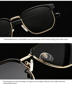 Detail view of half-rim polarized sunglasses with gold metal frame and soft silicone nose pads