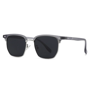 Lunettes de soleil demi-cerclées grises pour hommes avec monture en argent et verres noirs