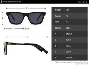 Detailed size chart for butterfly sunglasses showing PC frame and lens dimensions