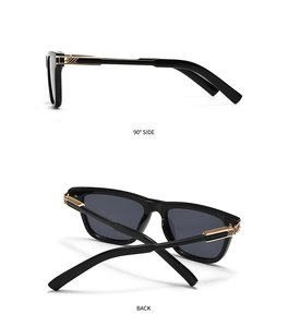 Detail showing golden metal hinges with diamond pattern on black butterfly sunglasses