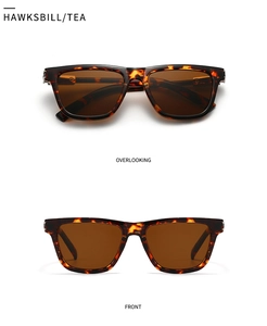 Detailed front and overhead view of tortoiseshell rectangle sunglasses with tea lenses