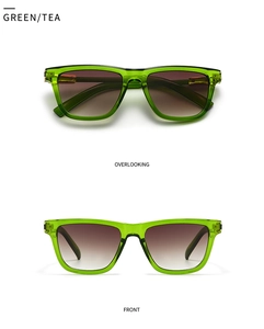 Front and top view of fashionable butterfly-shaped sunglasses with green resin frames