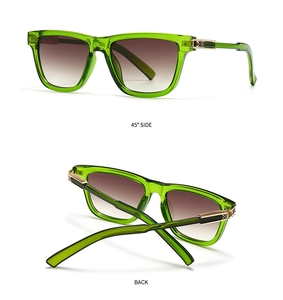 Detail view of green butterfly sunglasses with gold grid textured hinge and gradient lenses