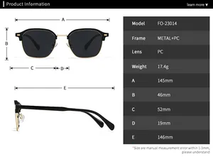 Size chart for polarized sunglasses showing 145mm total width and metal frame details
