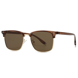 Retro polarized browline sunglasses with brown upper frame and gold metal accents