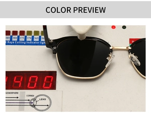 Detail of polarized semi-rimless sunglasses lenses being tested on a UV protection device