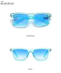 Front and top view of blue butterfly sunglasses with transparent frame and gradient lenses