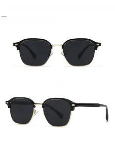 Detailed front and side views of retro browline sunglasses in black and gold finish