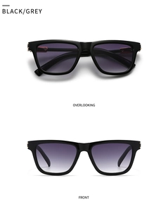 Front and top view of trendy black square sunglasses with grey gradient lenses for women