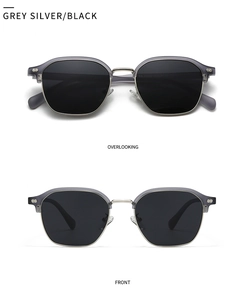 Front and top view of grey silver square sunglasses with polarized black lenses