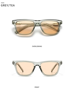 Detailed front and top views of grey transparent butterfly sunglasses with tea lenses