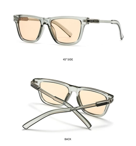 Detail view of butterfly sunglasses with transparent grey frames and orange lenses