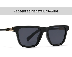 Detail showing the 45-degree side view of black sunglasses with honeycomb gold hinges