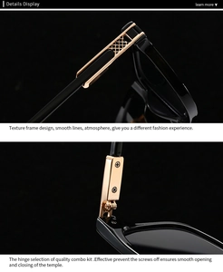 Macro detail of high-quality metal hinge and gold decor on black butterfly sunglasses