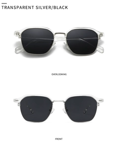 Front and top view of transparent silver frame sunglasses with black polarized lenses