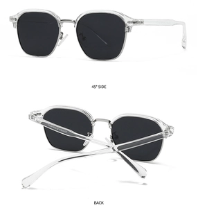 Detail view of transparent resin sunglasses with silver metal bridge and model 50-S3014