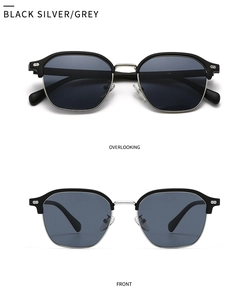 Front and top views of semi-rimless polarized sunglasses with silver metal accents