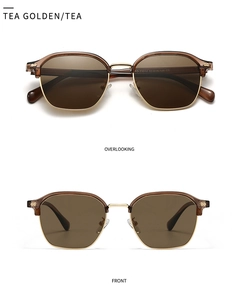 Close-up of retro polarized sunglasses with tea golden lenses and detailed frame specs