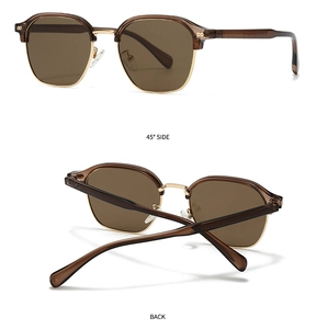 Detailed 45-degree and back view of retro brown polarized sunglasses with gold metal bridge