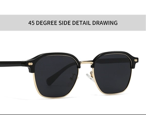 Detail of retro black and gold polarized sunglasses showing 45-degree side frame view