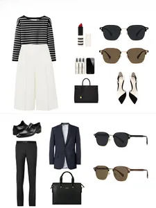 Fashionable polarized sunglasses displayed as part of a formal business outfit collage
