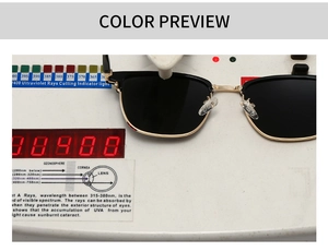 Détail du test de protection UV400 sur des lunettes de soleil demi-cerclées dorées