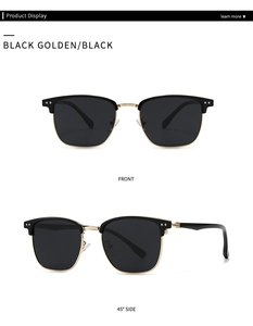 Vues de face et de côté de lunettes de soleil demi-cerclées classiques en noir et or