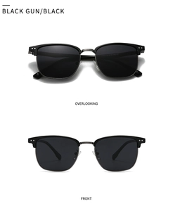 Vue macro de lunettes de soleil demi-cerclées noir fusil avec rivets métalliques