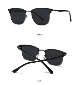 Vue détaillée de lunettes de soleil polarisées noires de type browline à 45° et de dos