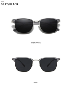 Vues de face et de dessus de lunettes de soleil polarisées avec verres gris et monture noire