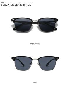 Vues de face et de dessus de lunettes de soleil clubmaster polarisées noires et argentées