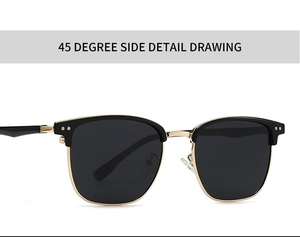 Lunettes de soleil demi-cerclées avec détails dorés vue de profil à 45 degrés en gros plan