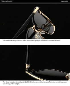 Détail des charnières métalliques et de la monture dorée sur les lunettes de soleil polarisées
