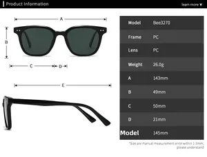 Tableau des tailles détaillé et spécifications pour lunettes de soleil carrées