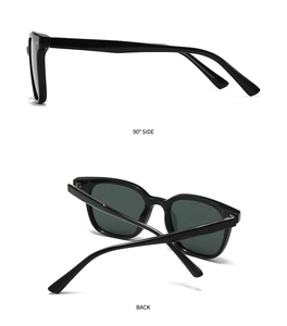 Vues détaillées latérale et arrière de lunettes de soleil polarisées à monture noire épaisse et verres verts