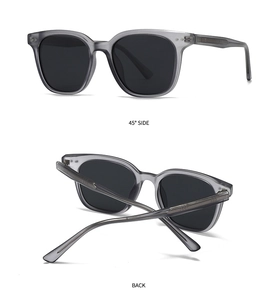 Vue détaillée du côté à 45 degrés et du pliage arrière des lunettes de soleil gris transparent