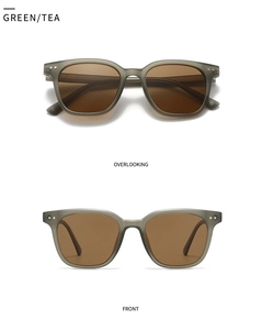 Vue avant et de dessus de lunettes de soleil vert olive avec verres bruns et rivets
