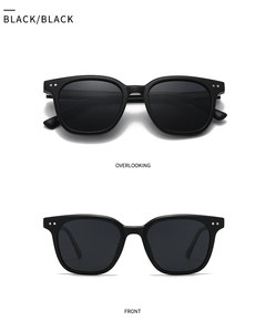 Détail des lunettes de soleil carrées polarisées noires avec rivets métalliques