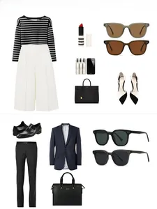 Mise à plat de tenues homme et femme avec lunettes de soleil polarisées et accessoires chic