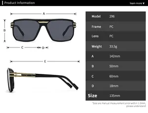 Detailed size chart for classic square aviator sunglasses showing frame dimensions