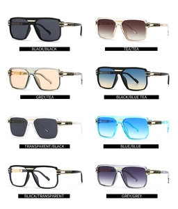 Grid view showing eight color variants of classic pilot square sunglasses with metal details