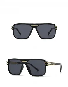 Front and 45-degree side views of classic black square pilot sunglasses with gold metal trim