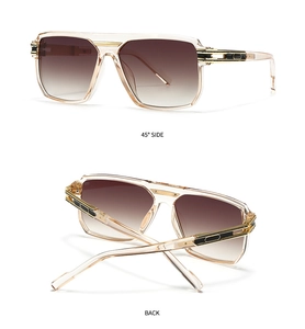 Detail view of champagne square aviator sunglasses with brown gradient lenses and gold accents