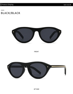 Vue de face et de côté de lunettes de soleil noires avec détails dorés sur la branche