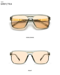 Detailed views of grey transparent pilot sunglasses with tea lenses and gold metal accents